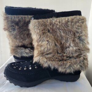 Bass Kodiak Women's 10 Medium Wedge Black Suede Leather Faux Fur Kneehigh Boots